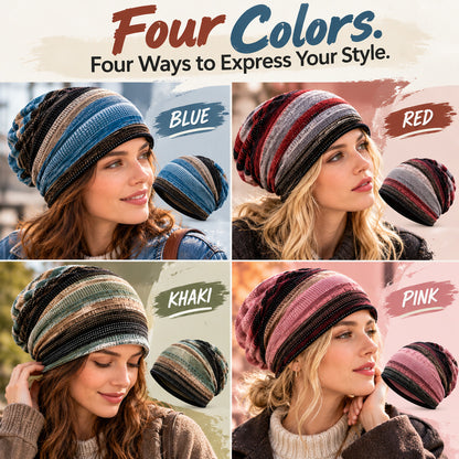 🍂 2-in-1 Vintage Striped Slouchy Beanie & Neck Warmer – Soft Stretchy Unisex Hat