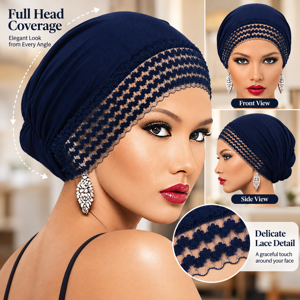 Women's Lace-Trim Turban Cap – Elegant Slip-On Headwrap Hat