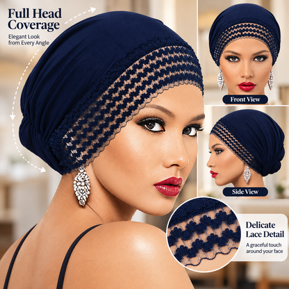 Women's Lace-Trim Turban Cap – Elegant Slip-On Headwrap Hat