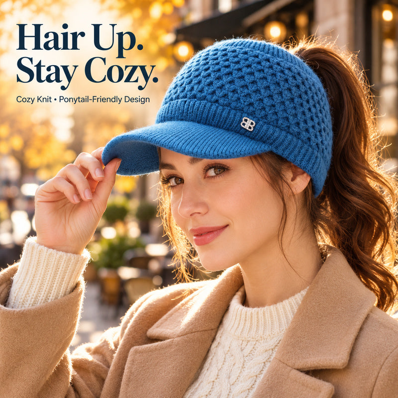 ✨ Hair Up, Stay Cozy | Women's Knit Ponytail Visor Beanie