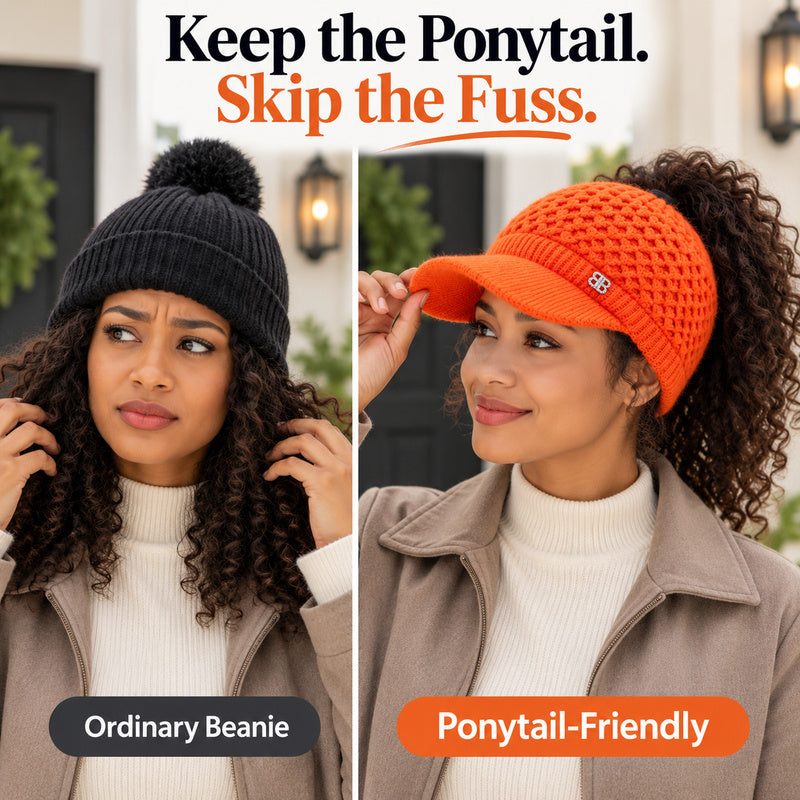 ✨ Hair Up, Stay Cozy | Women's Knit Ponytail Visor Beanie