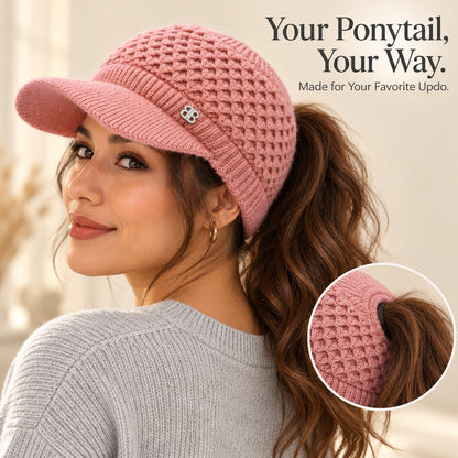 ✨ Hair Up, Stay Cozy | Women's Knit Ponytail Visor Beanie