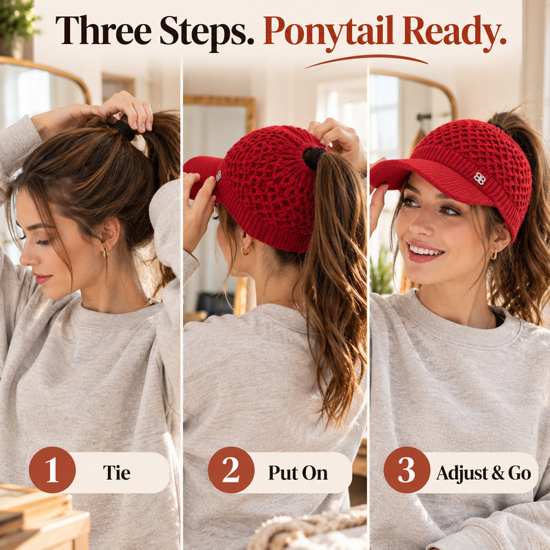 ✨ Hair Up, Stay Cozy | Women's Knit Ponytail Visor Beanie