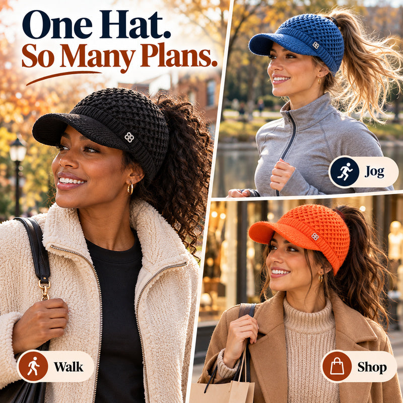 ✨ Hair Up, Stay Cozy | Women's Knit Ponytail Visor Beanie