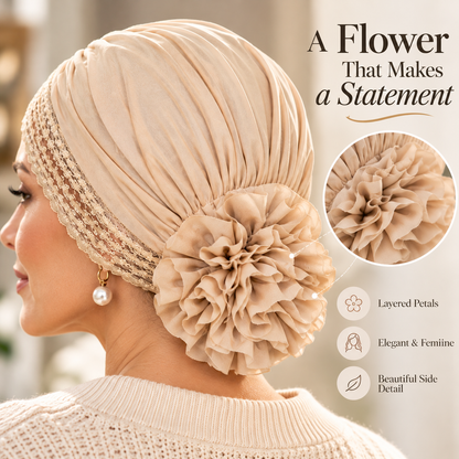 Women's Lace-Trim Flower Turban Hat – Elegant Pre-Styled Head Wrap