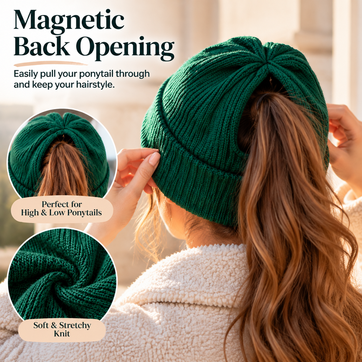 Women's Magnetic Ponytail Beanie | Knit Winter Hat