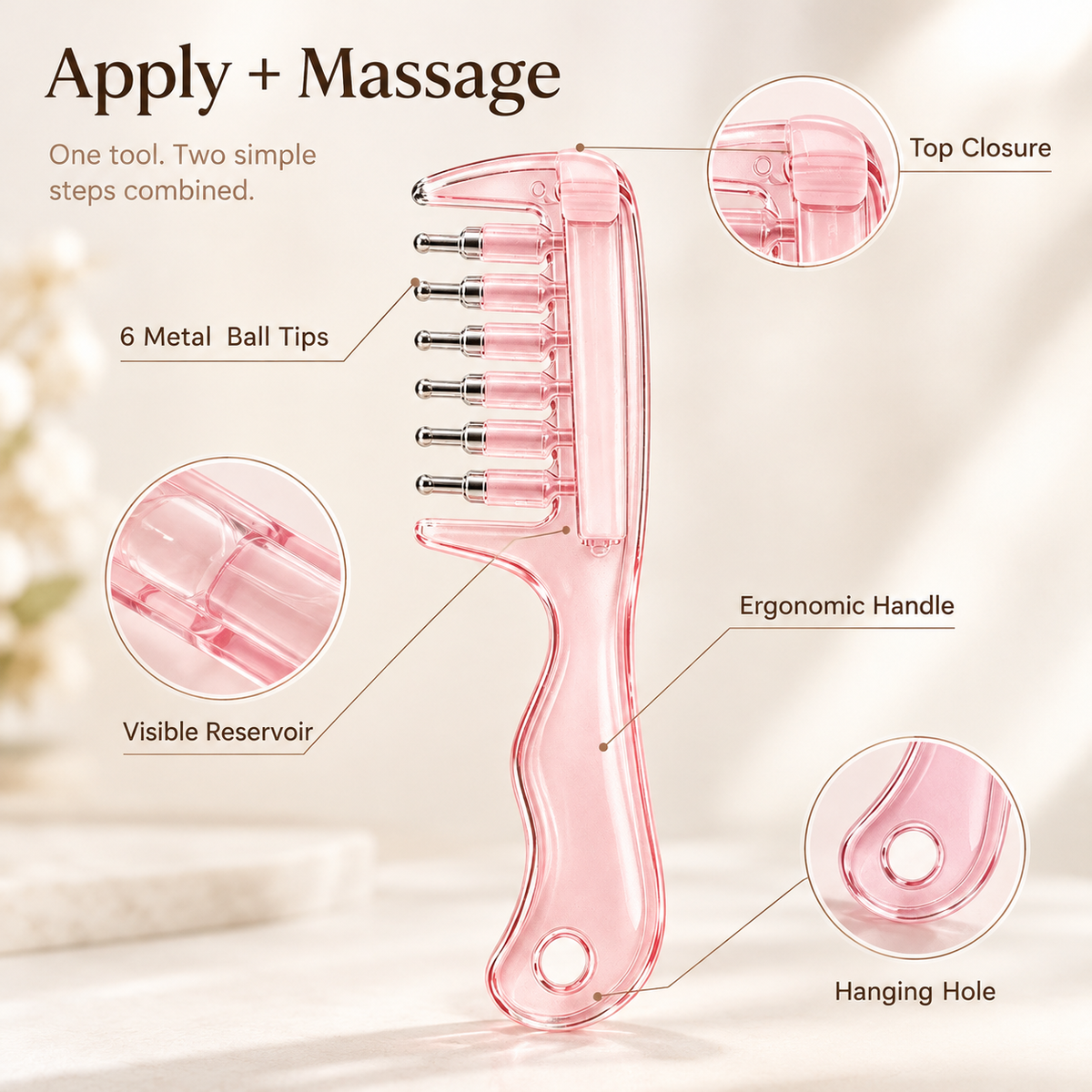 💗 2-in-1 Scalp Serum Applicator Comb – Refillable 6-Tip Roll-On Massager