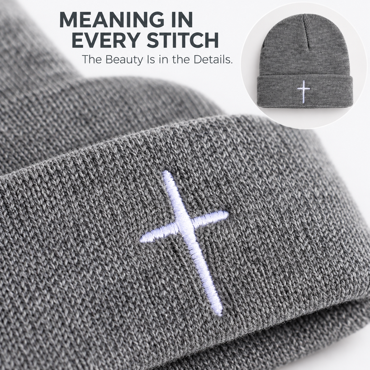 ✝️ Christian Cross Embroidered Beanie – Classic Cuffed Knit Hat