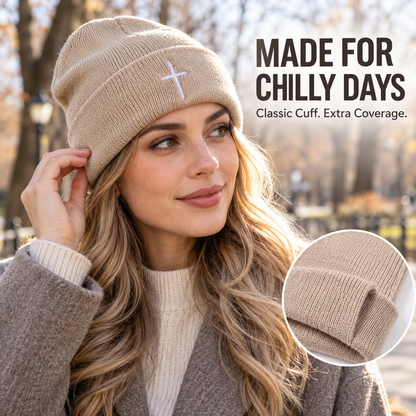 ✝️ Christian Cross Embroidered Beanie – Classic Cuffed Knit Hat