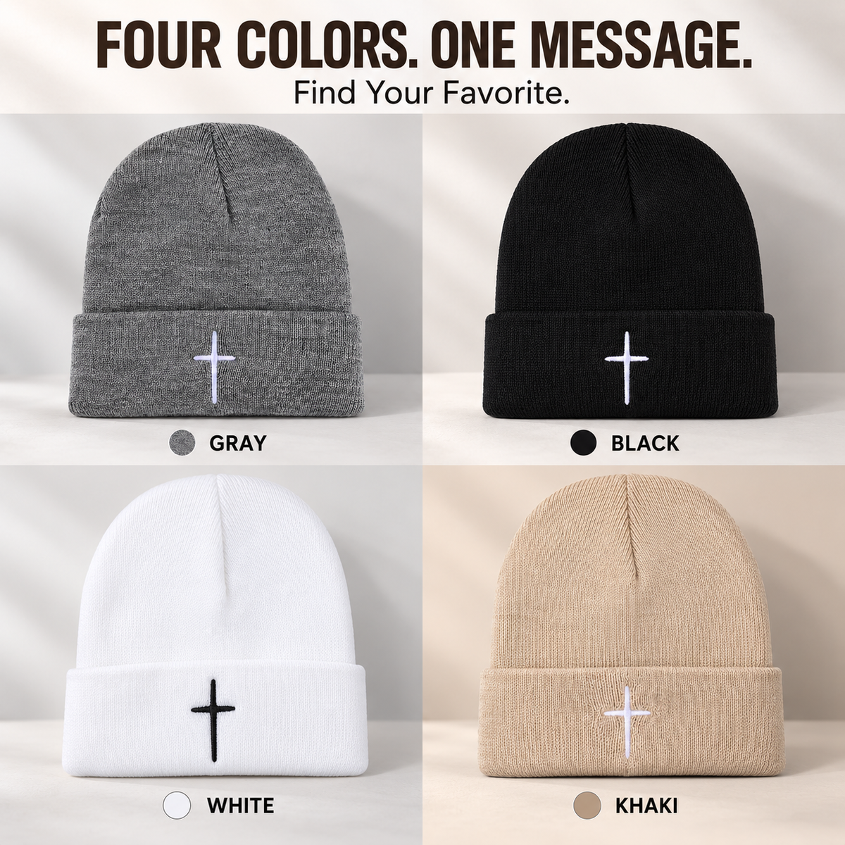 ✝️ Christian Cross Embroidered Beanie – Classic Cuffed Knit Hat