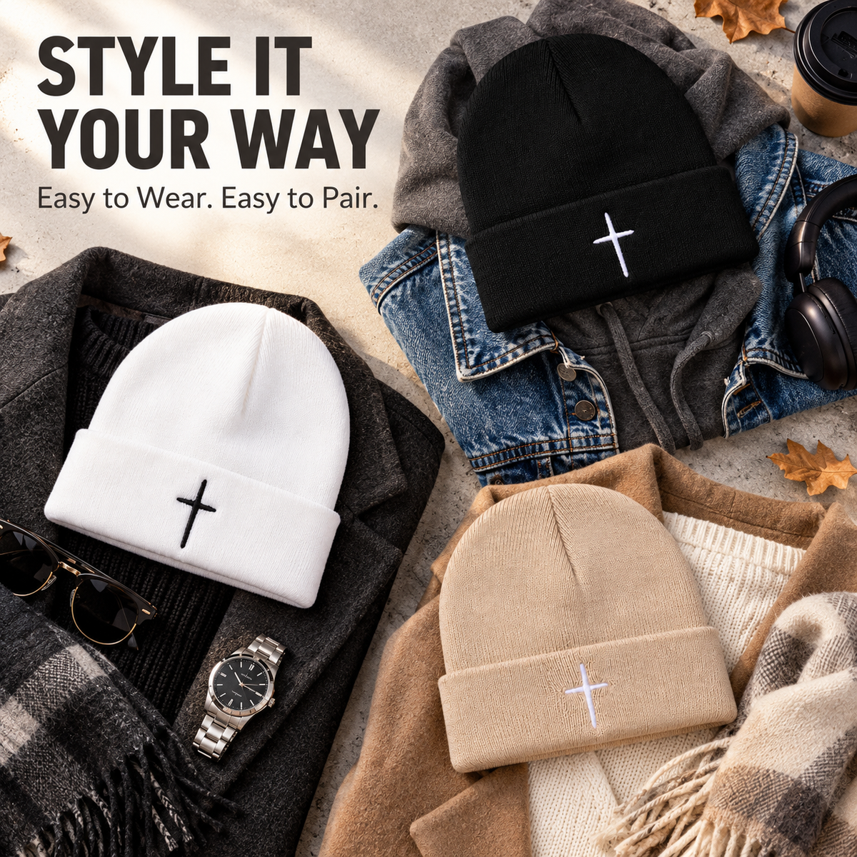 ✝️ Christian Cross Embroidered Beanie – Classic Cuffed Knit Hat