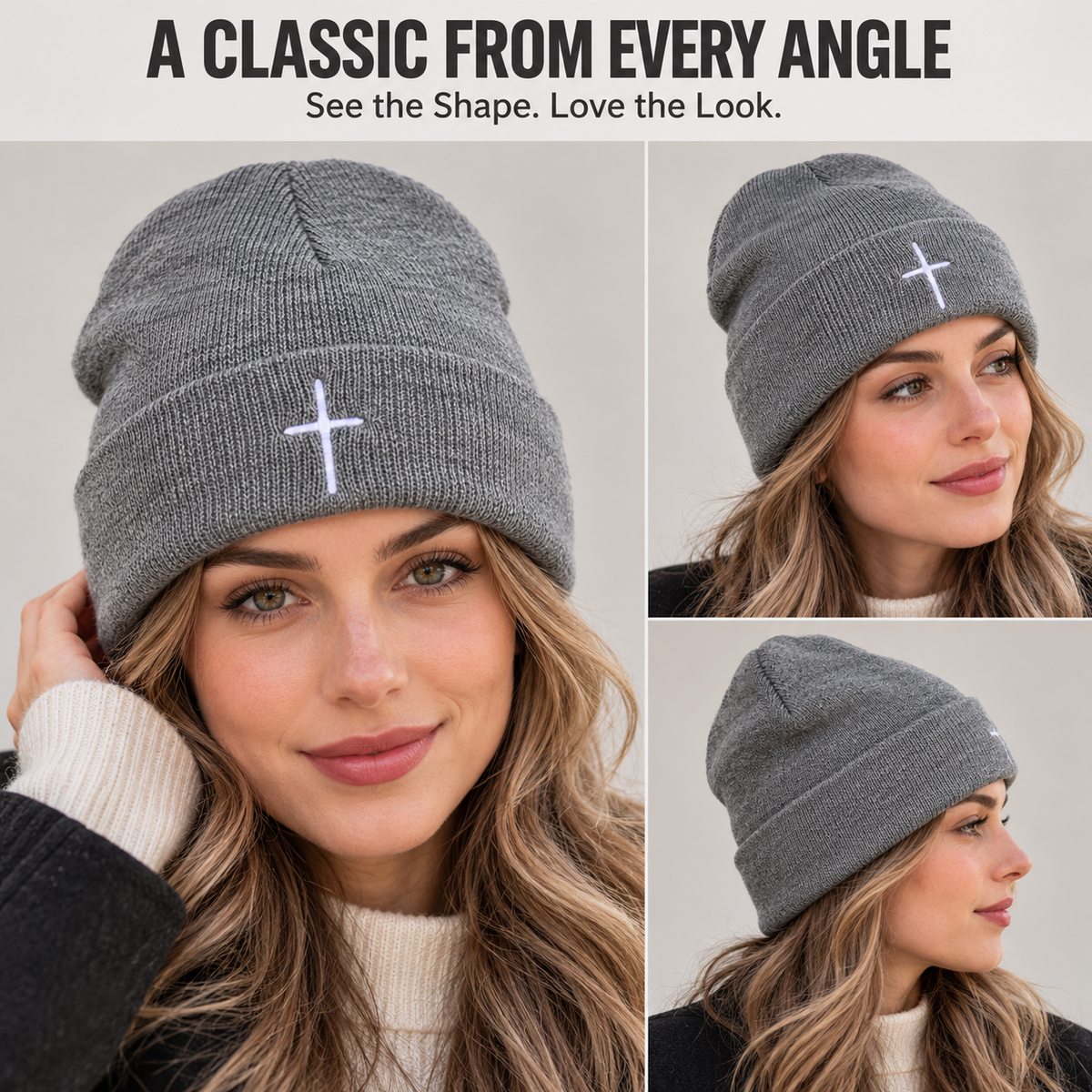 ✝️ Christian Cross Embroidered Beanie – Classic Cuffed Knit Hat