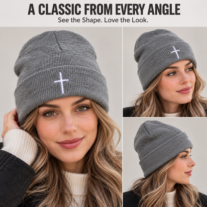 ✝️ Christian Cross Embroidered Beanie – Classic Cuffed Knit Hat