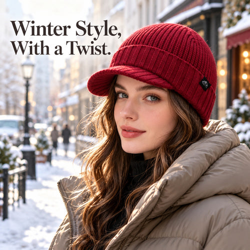 Women's Ribbed Knit Brim Beanie | Winter Visor Hat