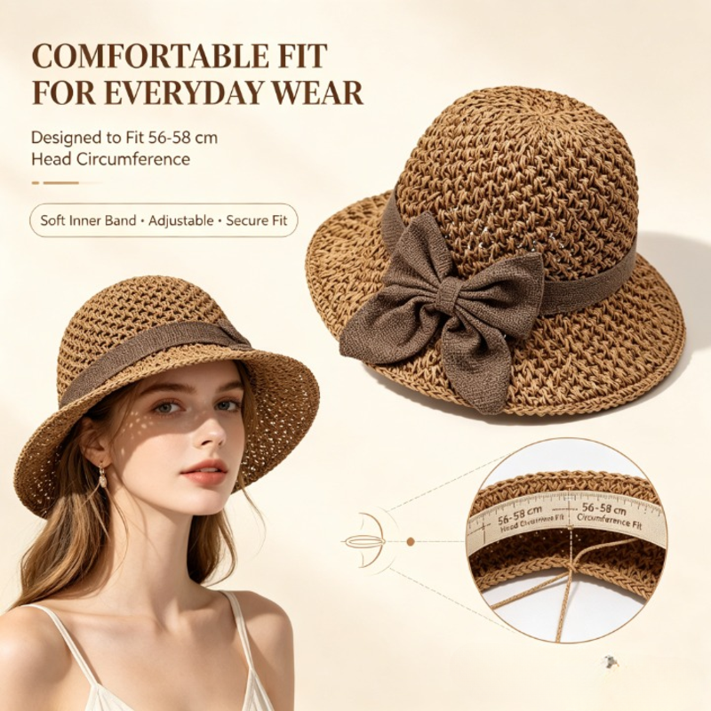 🎀Women's Hand-Knitted Summer Straw Hat, Wide Brim Foldable Beach Hat with Elegant Bow Detail