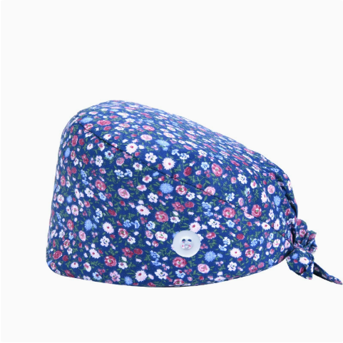 Floral Print Scrub Cap — Sweatband, Mask Buttons, Adjustable Tie-Back