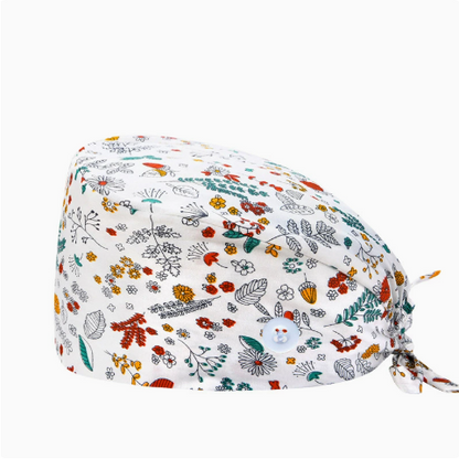 Floral Print Scrub Cap — Sweatband, Mask Buttons, Adjustable Tie-Back