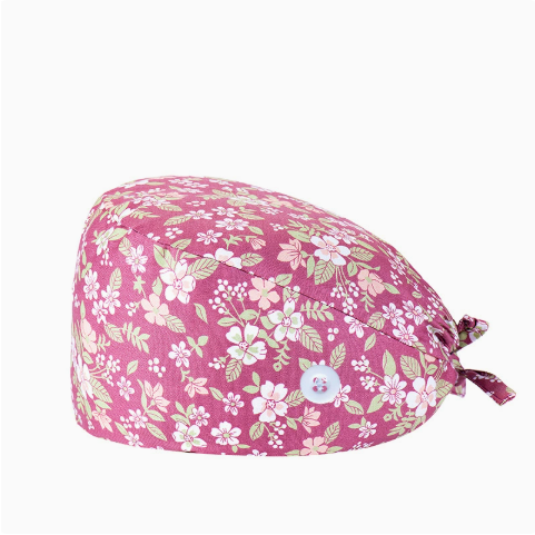 Floral Print Scrub Cap — Sweatband, Mask Buttons, Adjustable Tie-Back
