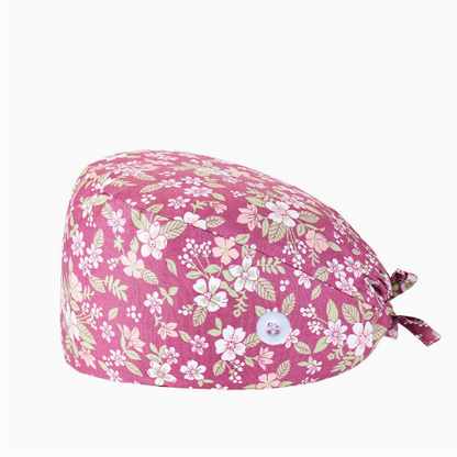 Floral Print Scrub Cap — Sweatband, Mask Buttons, Adjustable Tie-Back