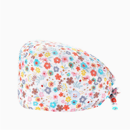 Floral Print Scrub Cap — Sweatband, Mask Buttons, Adjustable Tie-Back