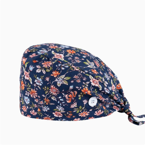 Floral Print Scrub Cap — Sweatband, Mask Buttons, Adjustable Tie-Back