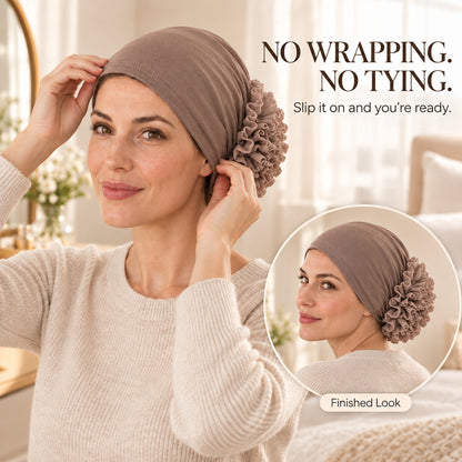 Women’s Pre-Tied Ruffle Flower Turban Hat – Stretch Full-Coverage Headscarf Cap