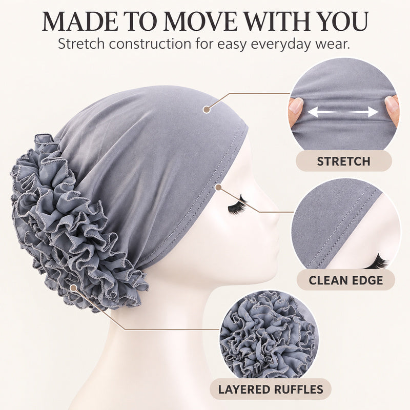 Women’s Pre-Tied Ruffle Flower Turban Hat – Stretch Full-Coverage Headscarf Cap
