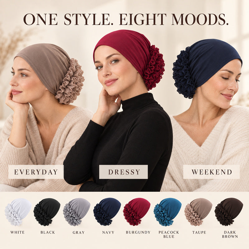 Women’s Pre-Tied Ruffle Flower Turban Hat – Stretch Full-Coverage Headscarf Cap
