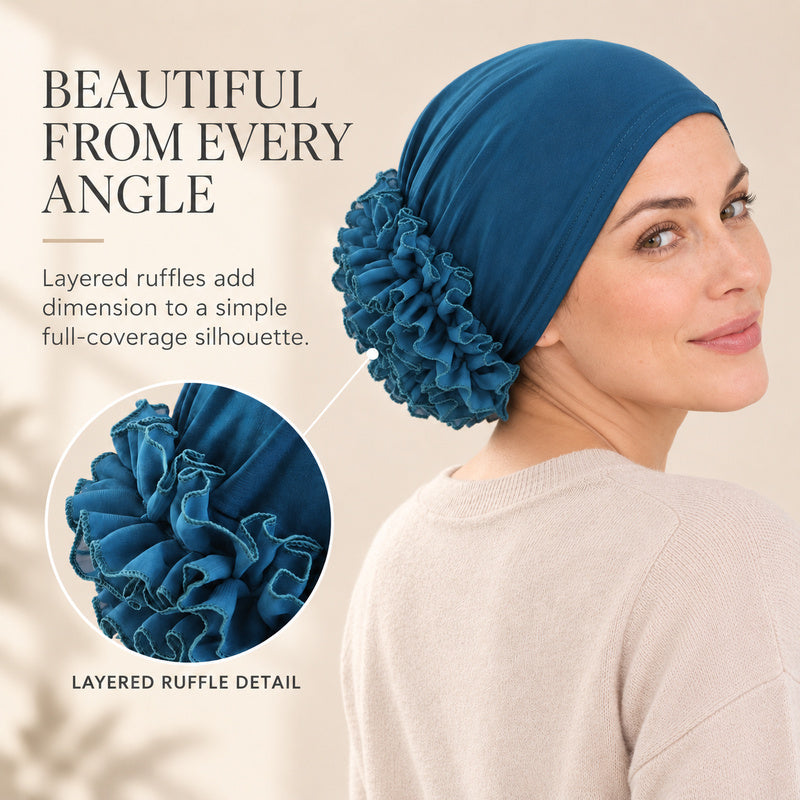 Women’s Pre-Tied Ruffle Flower Turban Hat – Stretch Full-Coverage Headscarf Cap