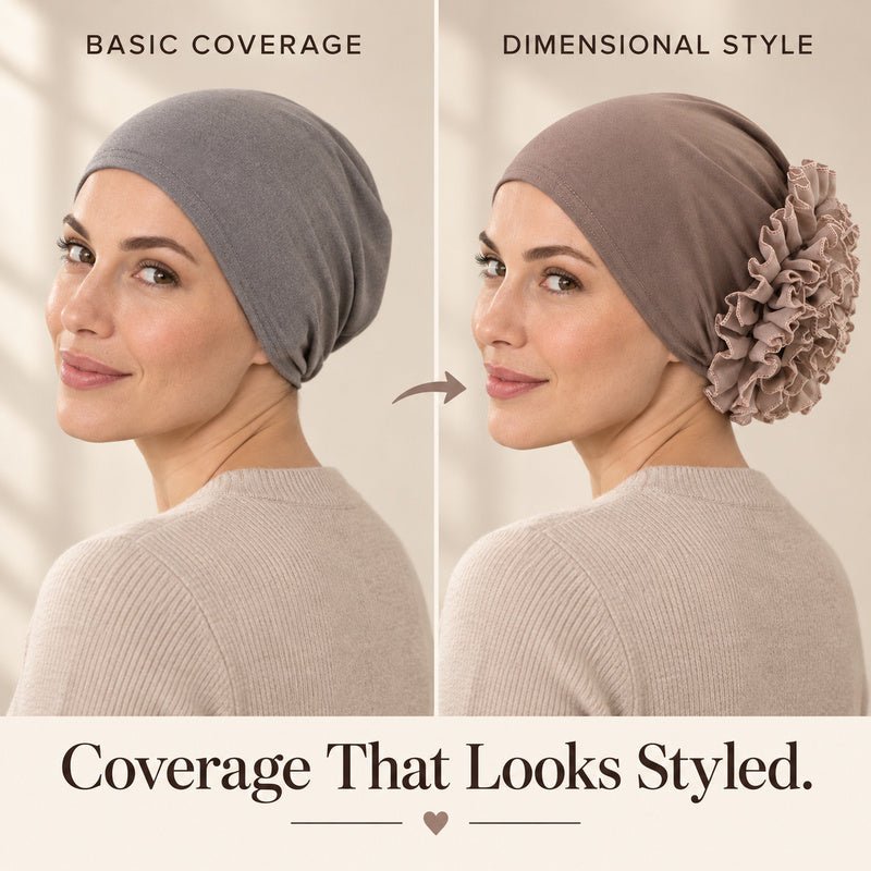 Women’s Pre-Tied Ruffle Flower Turban Hat – Stretch Full-Coverage Headscarf Cap