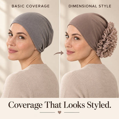 Women’s Pre-Tied Ruffle Flower Turban Hat – Stretch Full-Coverage Headscarf Cap