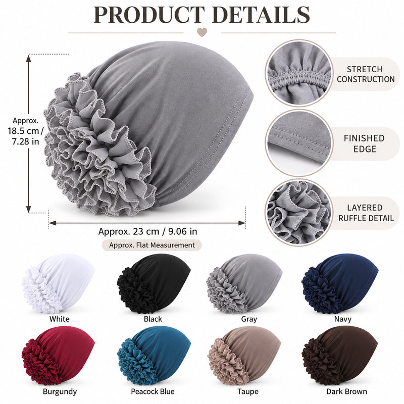 Women’s Pre-Tied Ruffle Flower Turban Hat – Stretch Full-Coverage Headscarf Cap