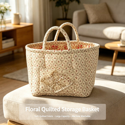 Floral Quilted Storage Basket – Machine Washable, Large Capacity Storage for Home & Car