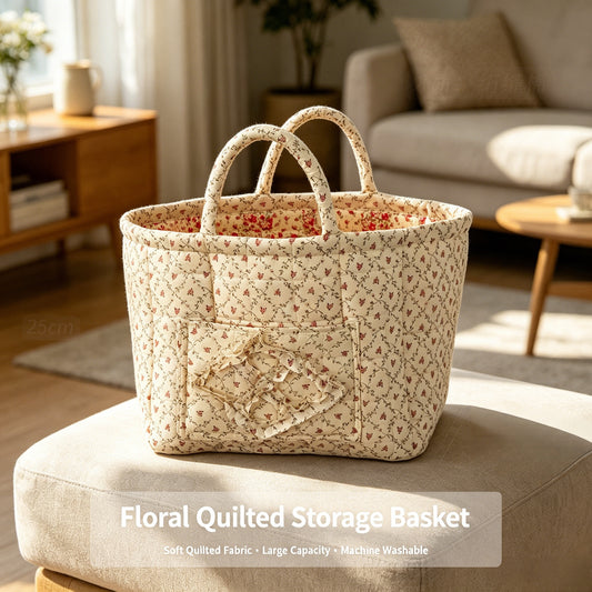 Floral Quilted Storage Basket – Machine Washable, Large Capacity Storage for Home & Car