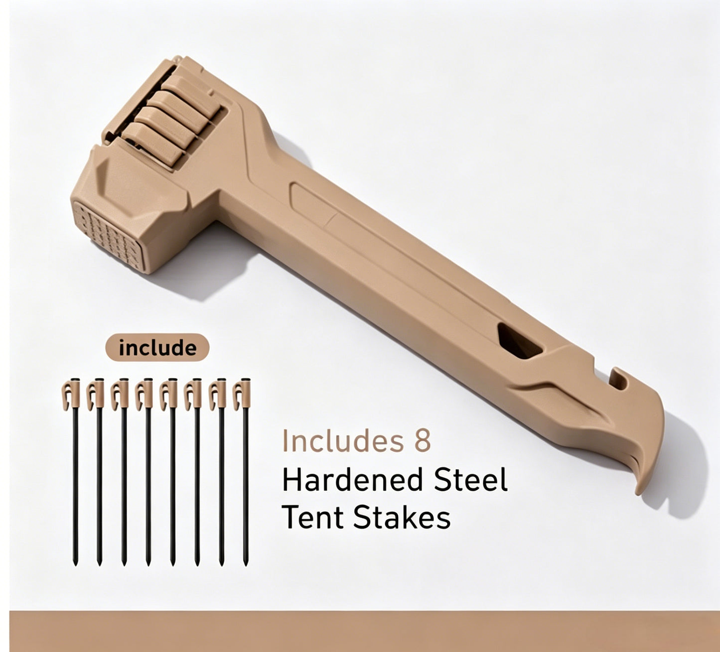 2-in-1 Camping Hammer with Stake Puller and Built-In Storage for 8 Tent Stakes