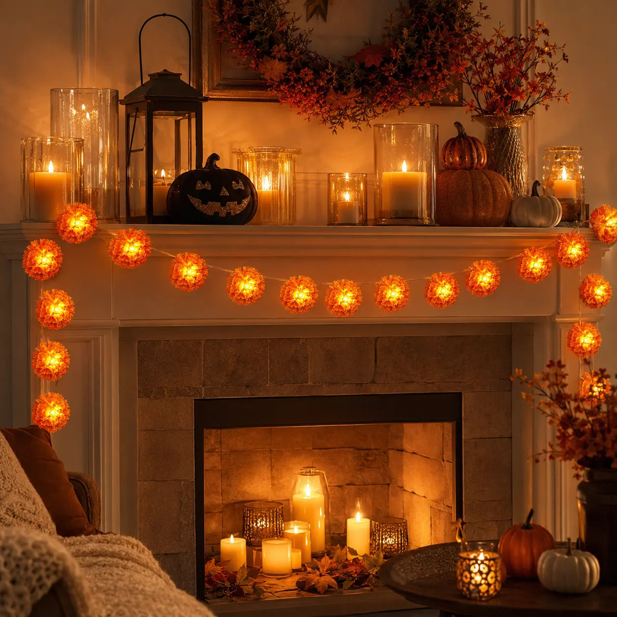 Marigold Flower String Lights, Battery Operated Day of The Dead Decorative Fairy Lights