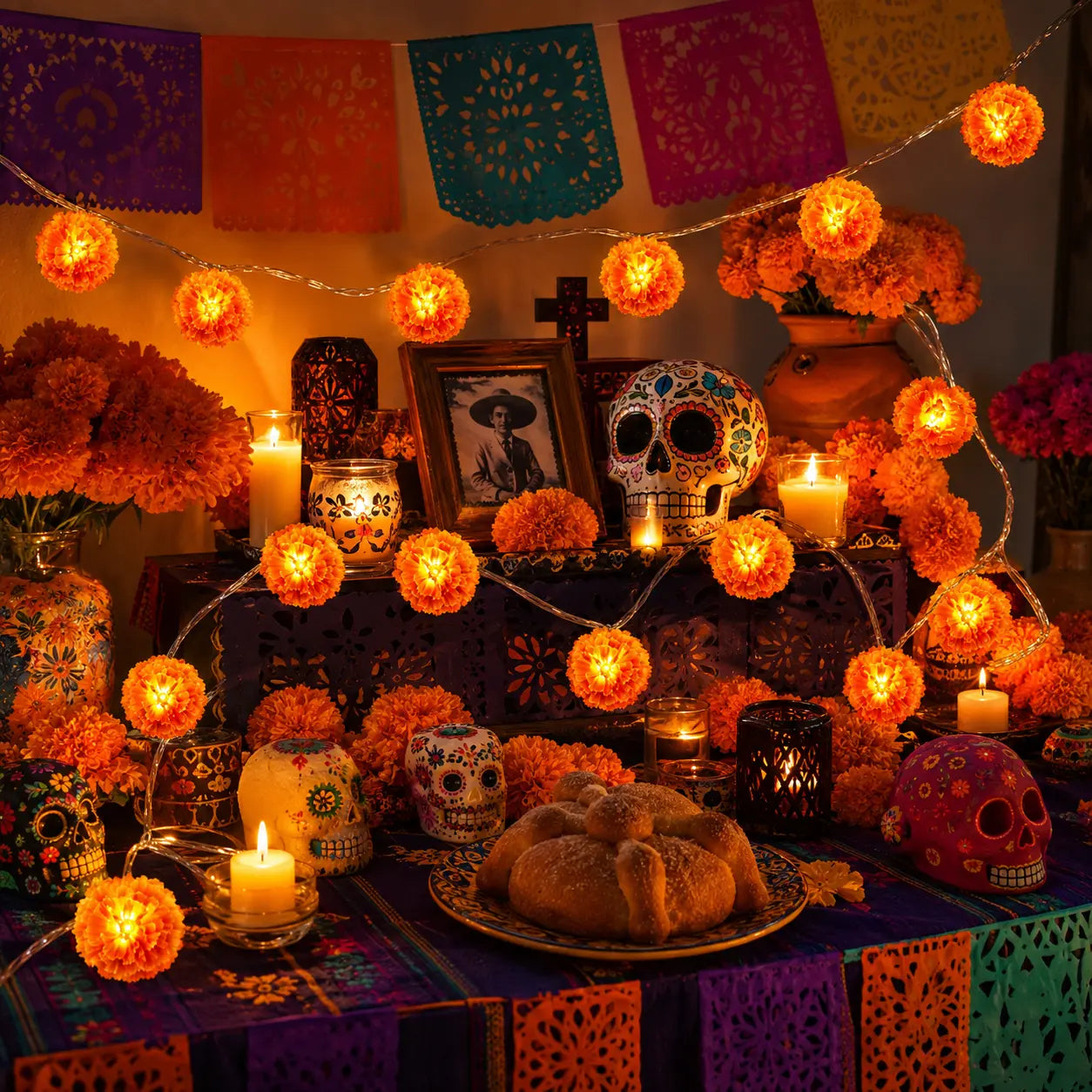 Marigold Flower String Lights, Battery Operated Day of The Dead Decorative Fairy Lights