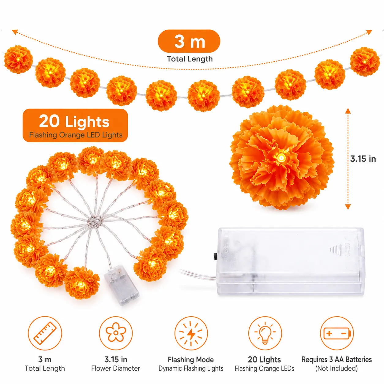 Marigold Flower String Lights, Battery Operated Day of The Dead Decorative Fairy Lights
