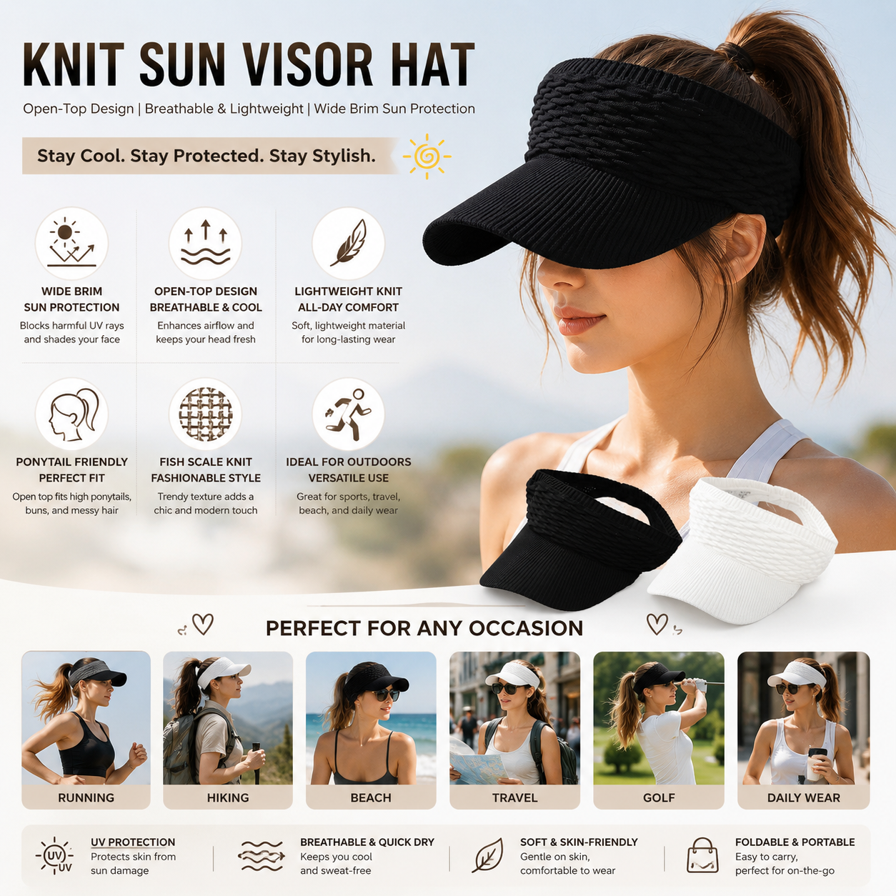 Women's UPF 50+ UV Open-Top Protection Sun Visor Hat