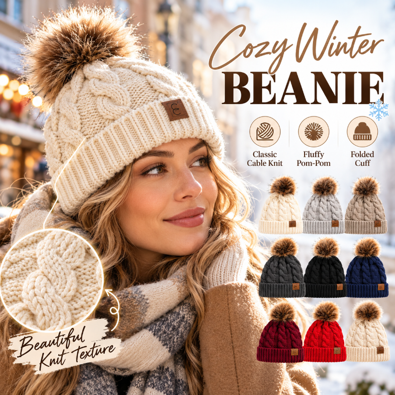 Women's Cable Knit Pom-Pom Beanie – Cozy Cuffed Winter Hat