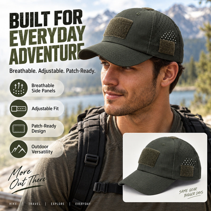 Tactical Baseball Cap with Patch — Breathable Ripstop Hat, Adjustable Fit, Hook & Loop Panels.