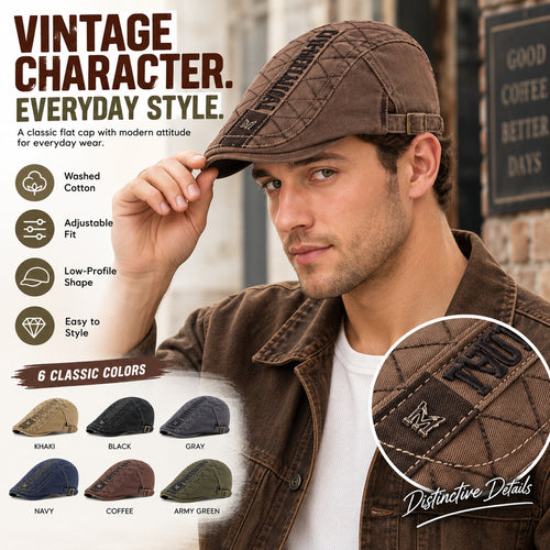 Washed Cotton Vintage Flat Cap — Adjustable Fit.