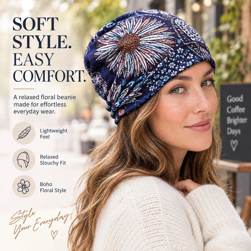 Boho Floral Slouchy Beanie for Women Lightweight Soft Stretchy Hat