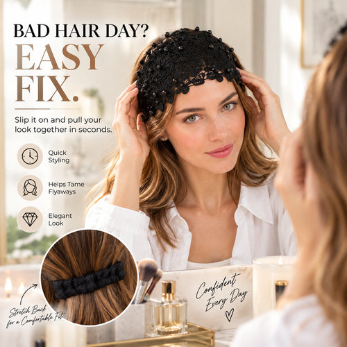 Wide Lace Pearl Headband – Elegant Floral Hair Band with Stretch Back.