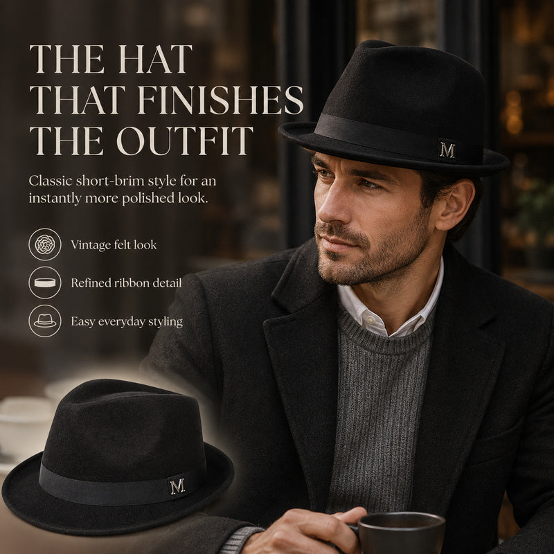 Classic Short-Brim Trilby Hat — Premium Felt, Metal Accent, 10 Colors, Unisex