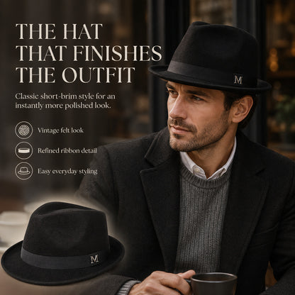 Classic Short-Brim Trilby Hat — Premium Felt, Metal Accent, 10 Colors, Unisex