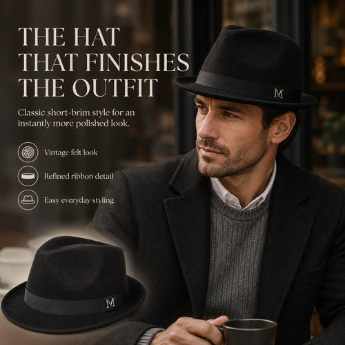 Classic Short-Brim Trilby Hat — Premium Felt, Metal Accent, 10 Colors, Unisex