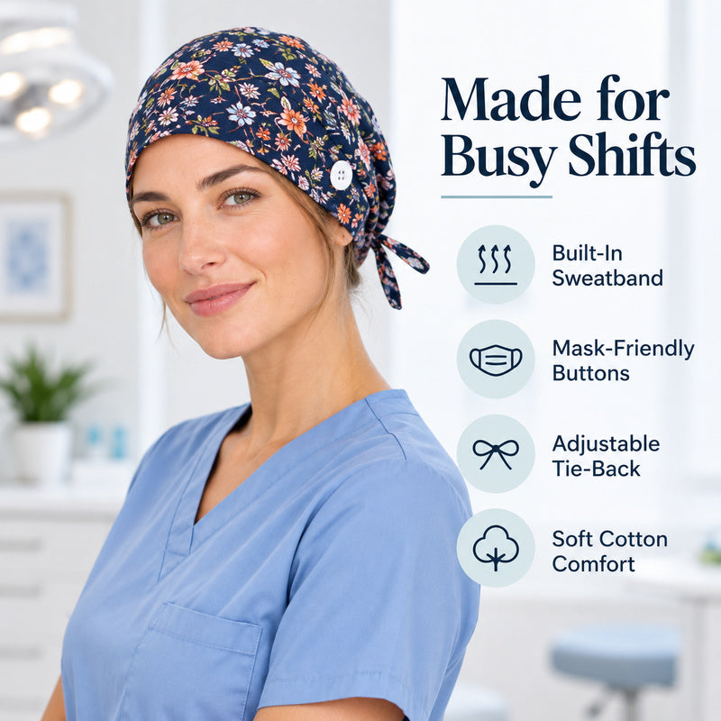 Floral Print Scrub Cap — Sweatband, Mask Buttons, Adjustable Tie-Back