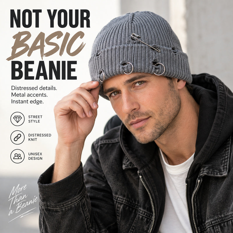 Distressed Knit Beanie with Safety Pin & Metal O-Ring — 8 Colors