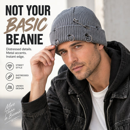 Distressed Knit Beanie with Safety Pin & Metal O-Ring — 8 Colors
